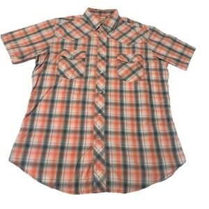 Wrangler Pearl Snap Shirt Mens Large Orange Black Plaid Long Sleeve Western